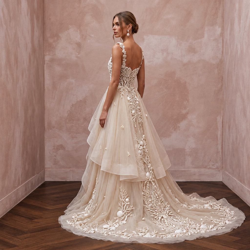 Artisanal Champagne Shell-Embroidered Tulle Wedding Dress for Oceanfront Elopement