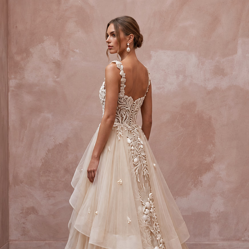 Artisanal Champagne Shell-Embroidered Tulle Wedding Dress for Oceanfront Elopement
