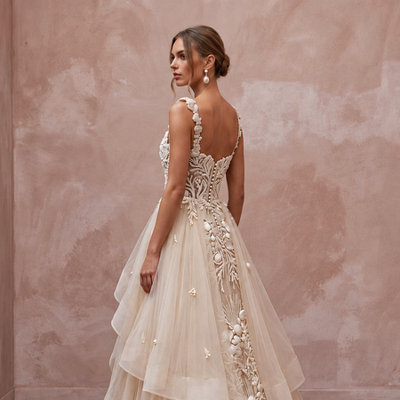 Artisanal Champagne Shell-Embroidered Tulle Wedding Dress for Oceanfront Elopement