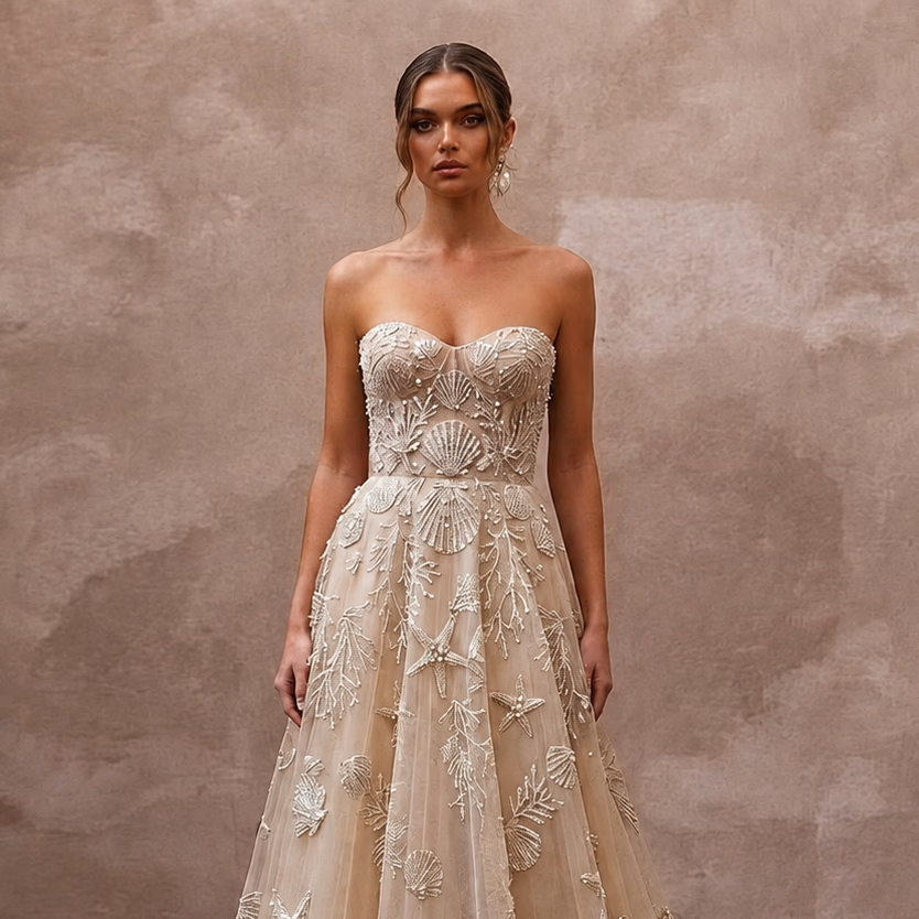 Artisanal Champagne Shell - Embroidered Tulle for Oceanfront Elopement - Apparel & Accessories > Clothing > Wedding & Bridal Party Dresses > Wedding Dresses - Mignonette Bridal