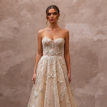 Artisanal Champagne Shell - Embroidered Tulle for Oceanfront Elopement - Apparel & Accessories > Clothing > Wedding & Bridal Party Dresses > Wedding Dresses - Mignonette Bridal