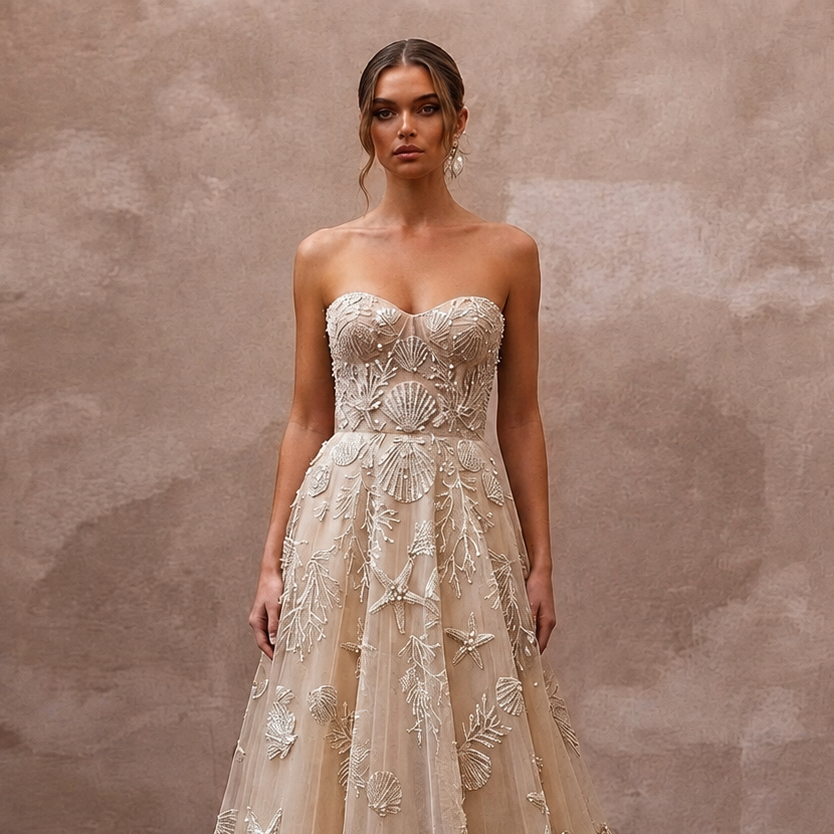 Artisanal Champagne Shell-Embroidered Tulle for Oceanfront Elopement