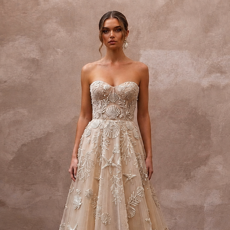 Artisanal Champagne Shell-Embroidered Tulle for Oceanfront Elopement