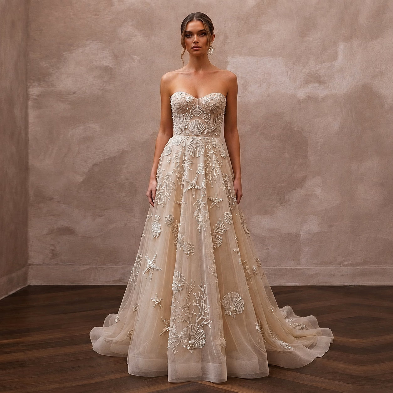 Artisanal Champagne Shell - Embroidered Tulle for Oceanfront Elopement - Apparel & Accessories > Clothing > Wedding & Bridal Party Dresses > Wedding Dresses - Mignonette Bridal
