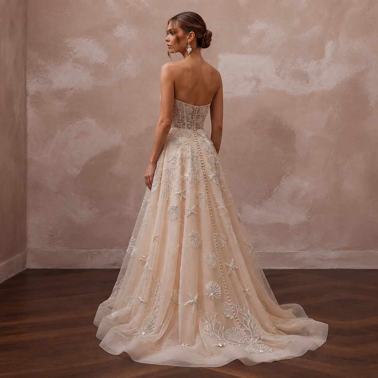 Artisanal Champagne Shell-Embroidered Tulle for Oceanfront Elopement Secondary image