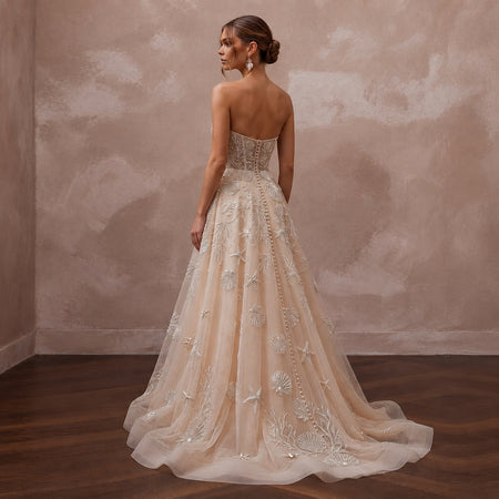 Artisanal Champagne Shell - Embroidered Tulle for Oceanfront Elopement - Apparel & Accessories > Clothing > Wedding & Bridal Party Dresses > Wedding Dresses - Mignonette Bridal