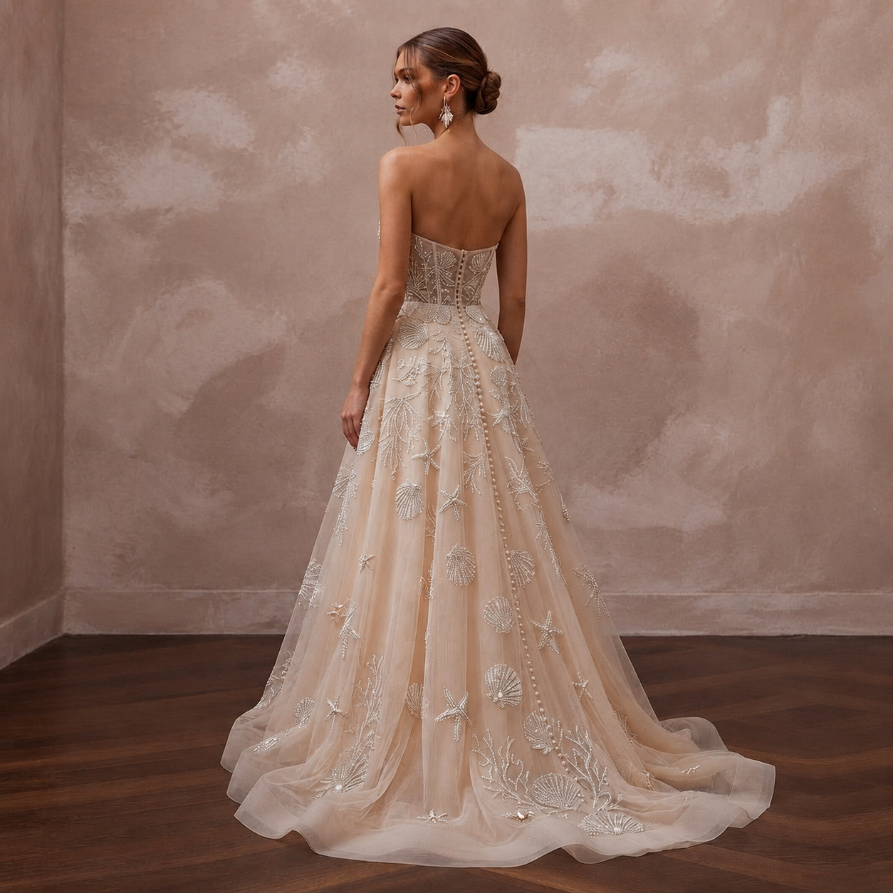 Artisanal Champagne Shell-Embroidered Tulle for Oceanfront Elopement
