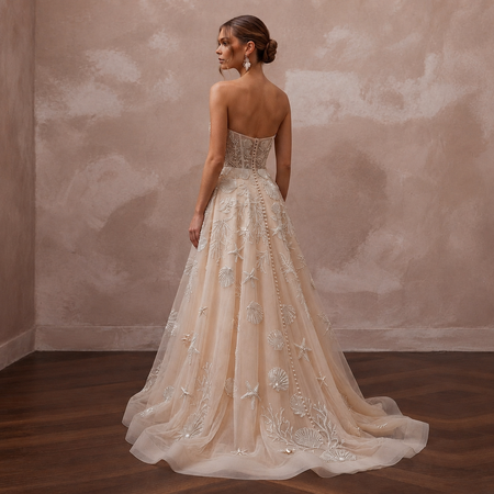 Artisanal Champagne Shell-Embroidered Tulle for Oceanfront Elopement