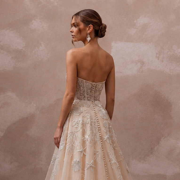 Artisanal Champagne Shell-Embroidered Tulle for Oceanfront Elopement