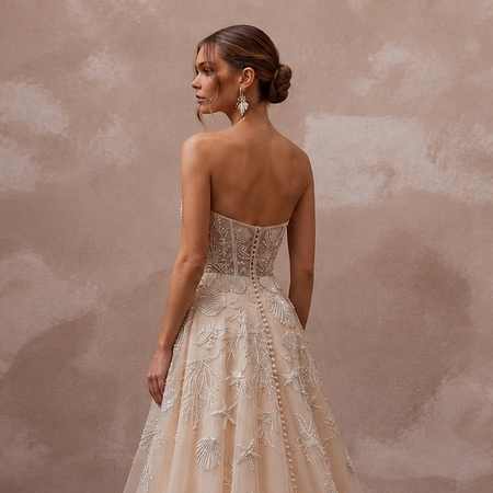 Artisanal Champagne Shell-Embroidered Tulle for Oceanfront Elopement