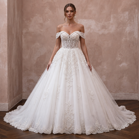 Ball Gown Wedding Dresses with Pearl Embroidered Bodices