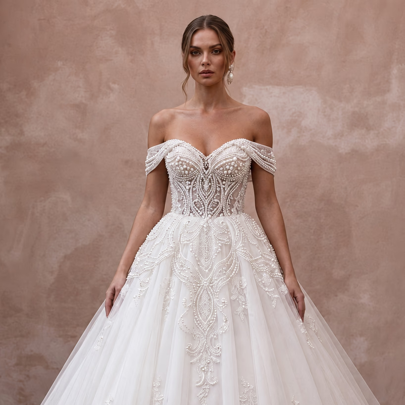 Ball Gown Wedding Dresses with Pearl Embroidered Bodices - Apparel & Accessories > Clothing > Wedding & Bridal Party Dresses > Wedding Dresses - Mignonette Bridal