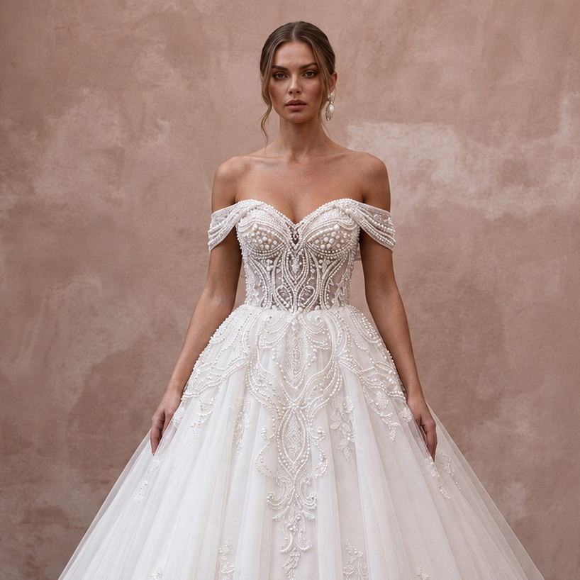 Ball Gown Wedding Dresses with Pearl Embroidered Bodices
