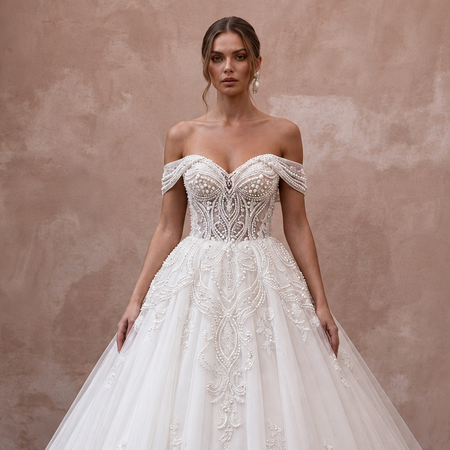Ball Gown Wedding Dresses with Pearl Embroidered Bodices