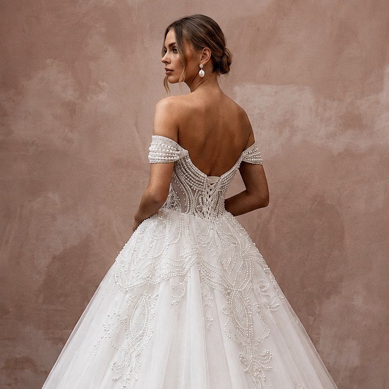 Ball Gown Wedding Dresses with Pearl Embroidered Bodices