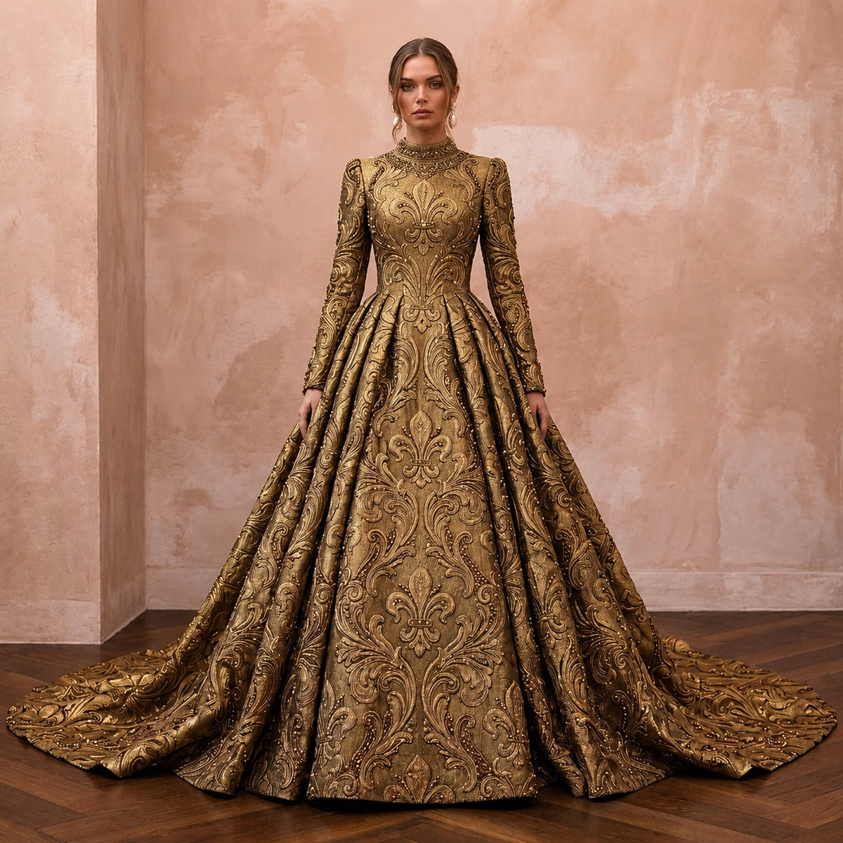 Baroque - Inspired Antique Gold Brocade Gown for Castle Elopement - Apparel & Accessories > Clothing > Wedding & Bridal Party Dresses > Wedding Dresses - Mignonette Bridal Main image
