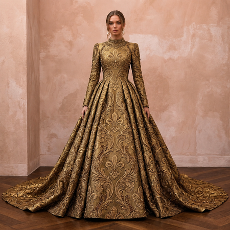 Baroque-Inspired Antique Gold Brocade Gown for Castle Elopement