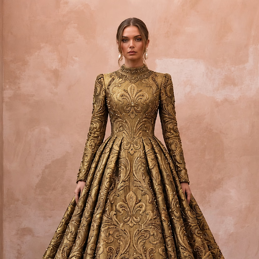Baroque - Inspired Antique Gold Brocade Gown for Castle Elopement - Apparel & Accessories > Clothing > Wedding & Bridal Party Dresses > Wedding Dresses - Mignonette Bridal