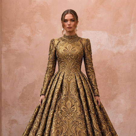 Baroque-Inspired Antique Gold Brocade Gown for Castle Elopement