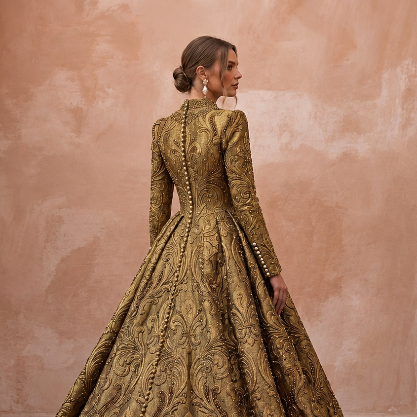 Baroque-Inspired Antique Gold Brocade Gown for Castle Elopement