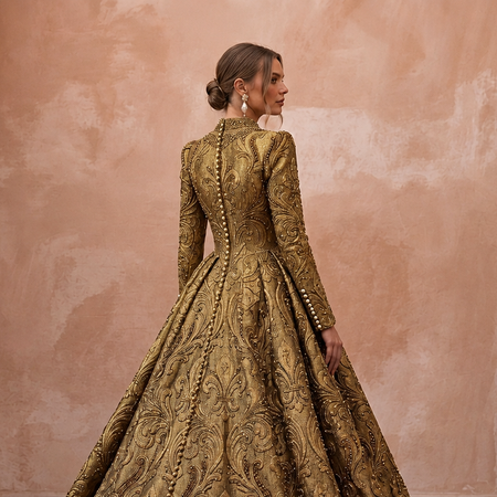 Baroque-Inspired Antique Gold Brocade Gown for Castle Elopement