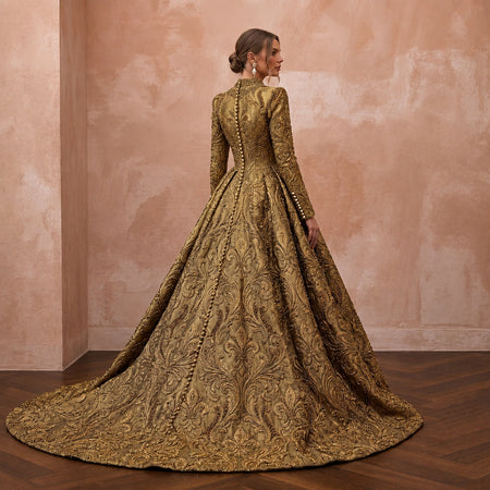 Baroque - Inspired Antique Gold Brocade Gown for Castle Elopement - Apparel & Accessories > Clothing > Wedding & Bridal Party Dresses > Wedding Dresses - Mignonette Bridal
