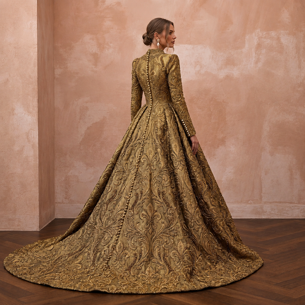 Baroque-Inspired Antique Gold Brocade Gown for Castle Elopement