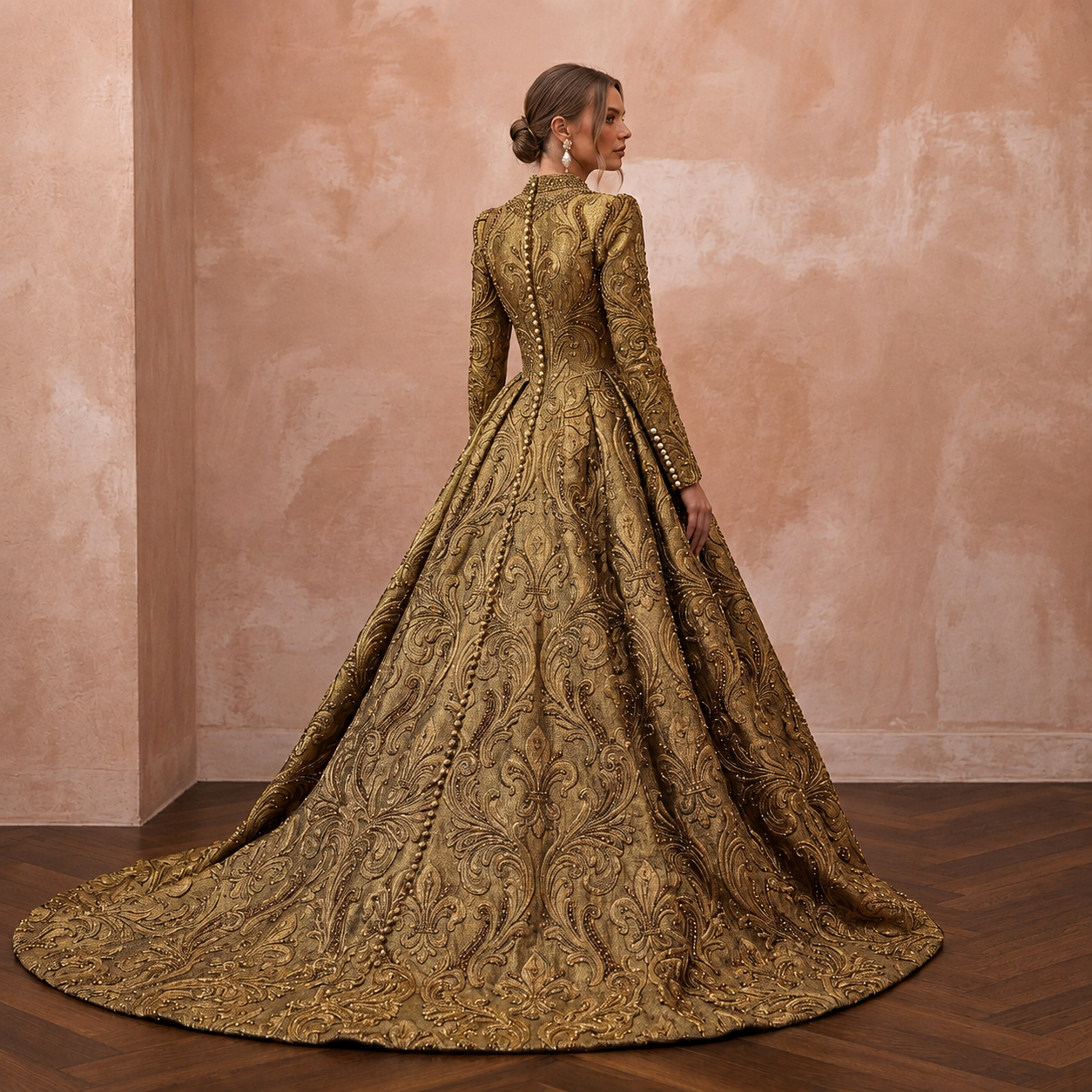 Baroque-Inspired Antique Gold Brocade Gown for Castle Elopement