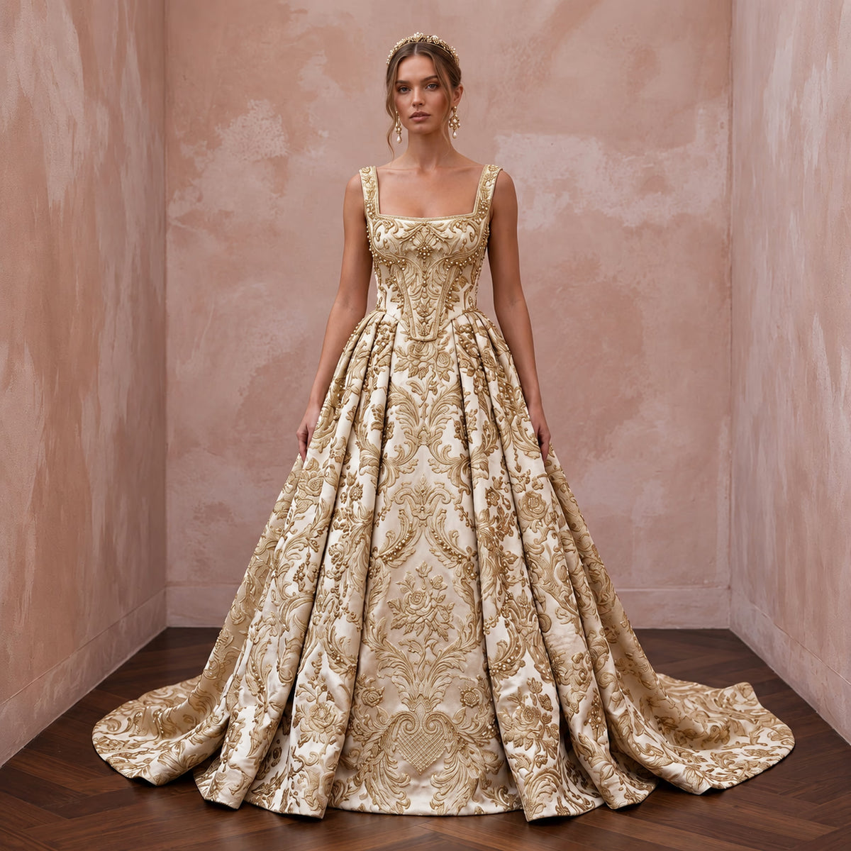 Baroque-Inspired Antique Gold Brocade Wedding Gown for Castle Elopement Main image