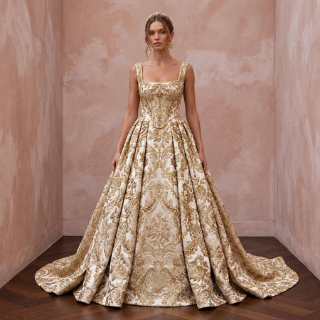 Baroque-Inspired Antique Gold Brocade Wedding Gown for Castle Elopement