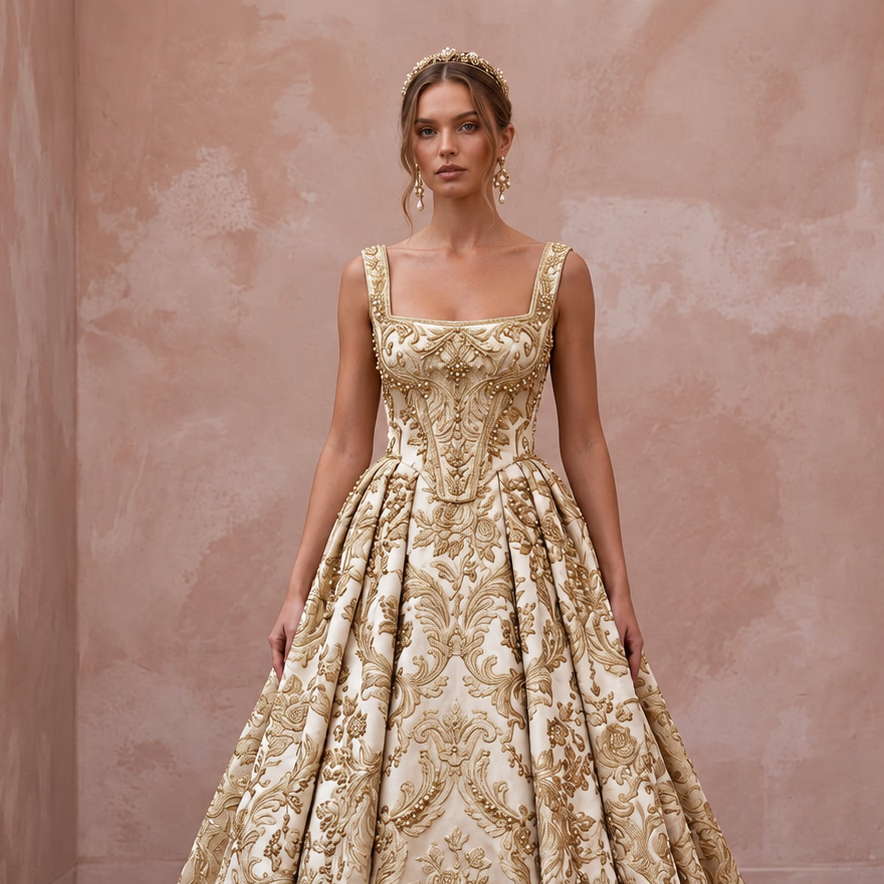 Baroque-Inspired Antique Gold Brocade Wedding Gown for Castle Elopement