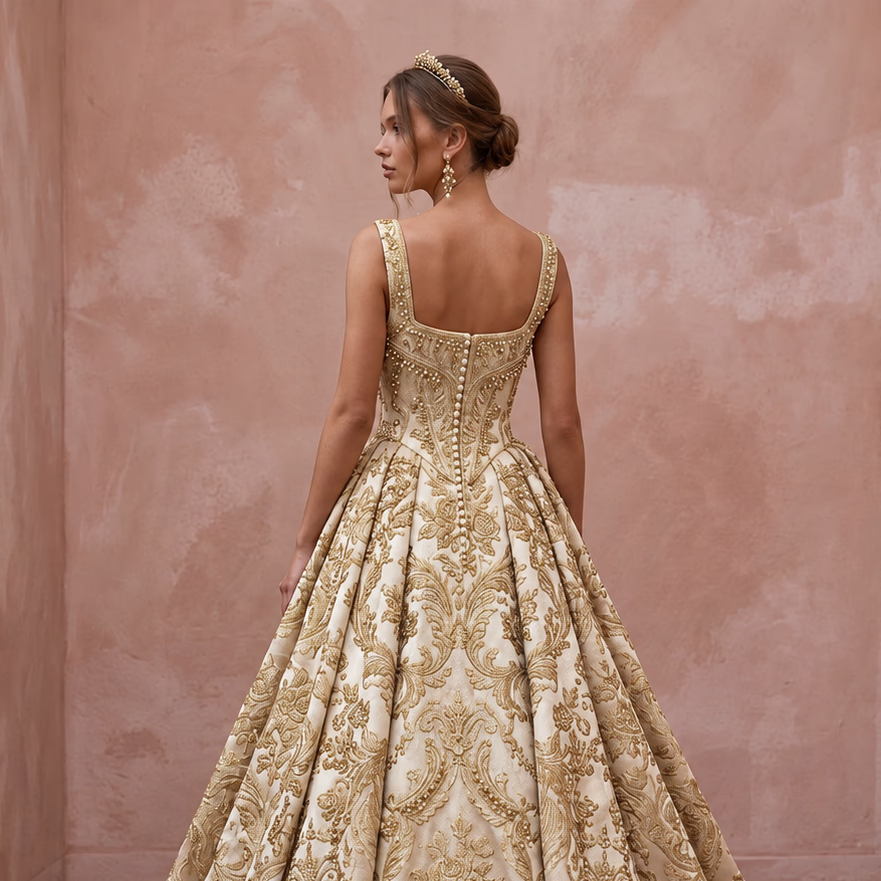 Baroque-Inspired Antique Gold Brocade Wedding Gown for Castle Elopement