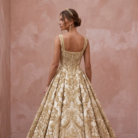 Baroque-Inspired Antique Gold Brocade Wedding Gown for Castle Elopement
