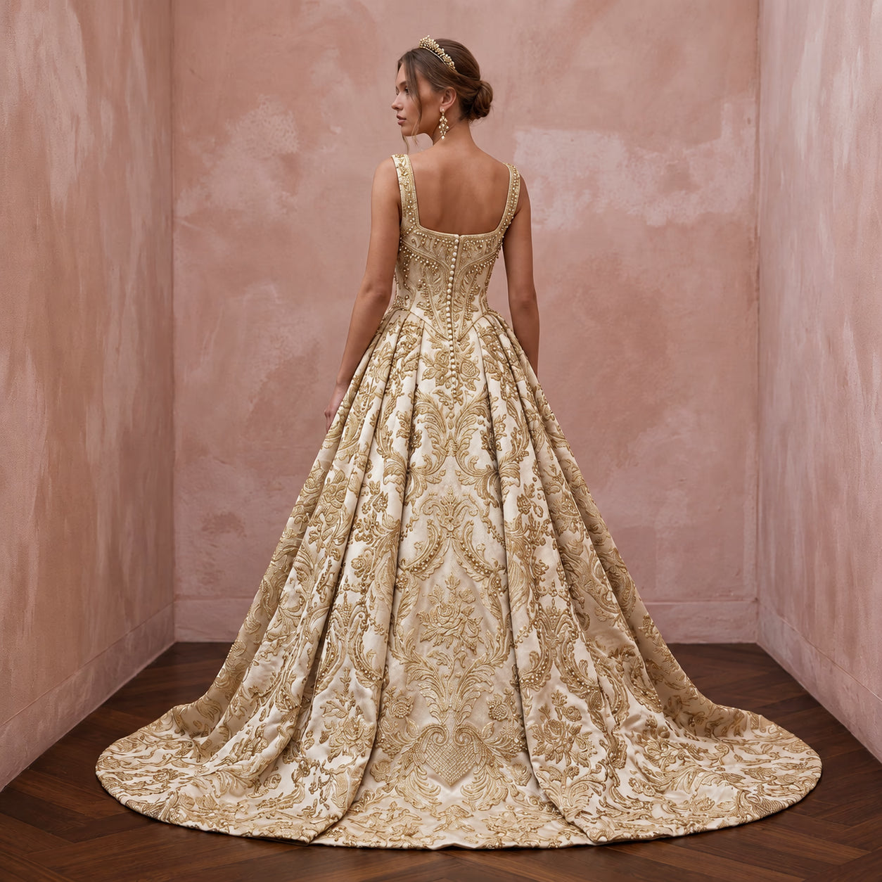 Baroque-Inspired Antique Gold Brocade Wedding Gown for Castle Elopement Secondary image