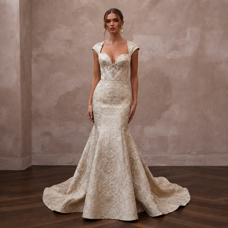 Baroque-Inspired Champagne Brocade Fit-and-Flare Bridal Gown for Rehearsal