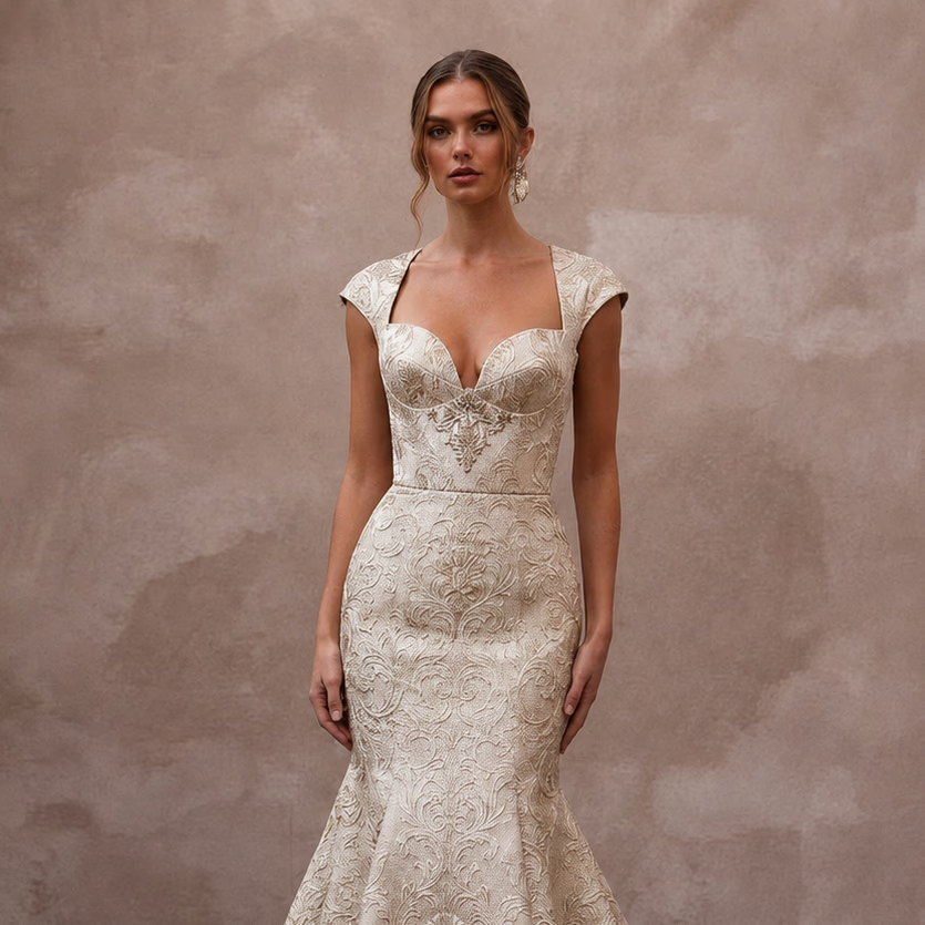 Baroque - Inspired Champagne Brocade Fit - and - Flare Bridal Gown for Rehearsal - Apparel & Accessories > Clothing > Wedding & Bridal Party Dresses > Wedding Dresses - Mignonette Bridal