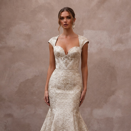 Baroque - Inspired Champagne Brocade Fit - and - Flare Bridal Gown for Rehearsal - Apparel & Accessories > Clothing > Wedding & Bridal Party Dresses > Wedding Dresses - Mignonette Bridal