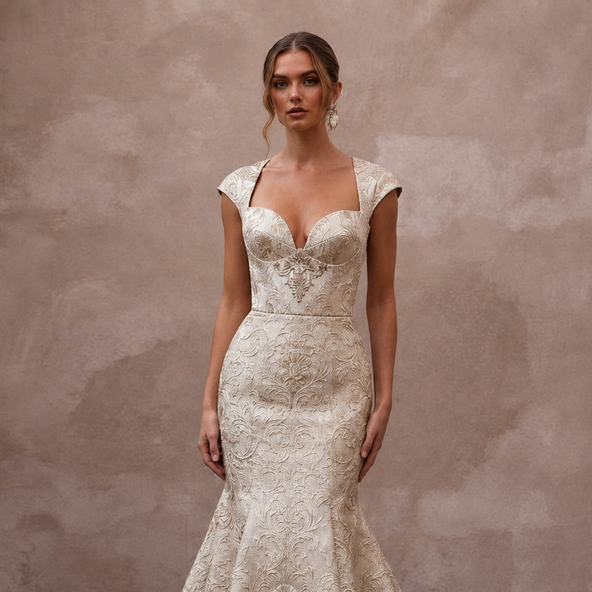 Baroque-Inspired Champagne Brocade Fit-and-Flare Bridal Gown for Rehearsal
