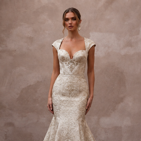 Baroque-Inspired Champagne Brocade Fit-and-Flare Bridal Gown for Rehearsal