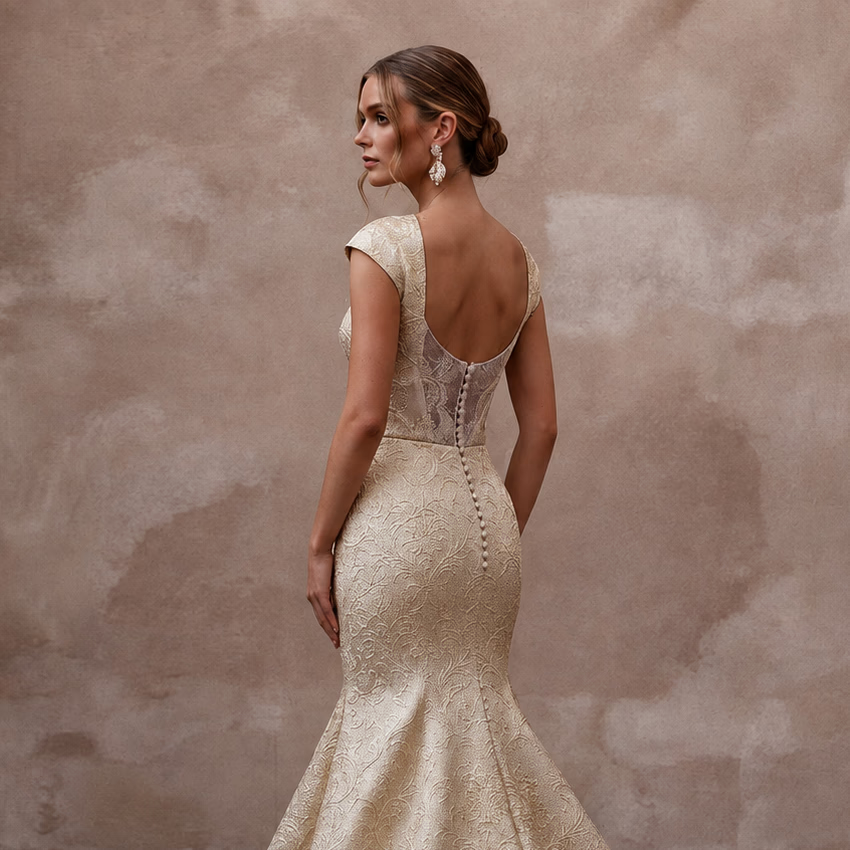 Baroque - Inspired Champagne Brocade Fit - and - Flare Bridal Gown for Rehearsal - Apparel & Accessories > Clothing > Wedding & Bridal Party Dresses > Wedding Dresses - Mignonette Bridal