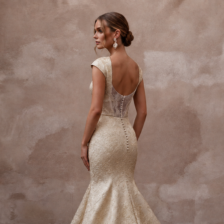 Baroque-Inspired Champagne Brocade Fit-and-Flare Bridal Gown for Rehearsal