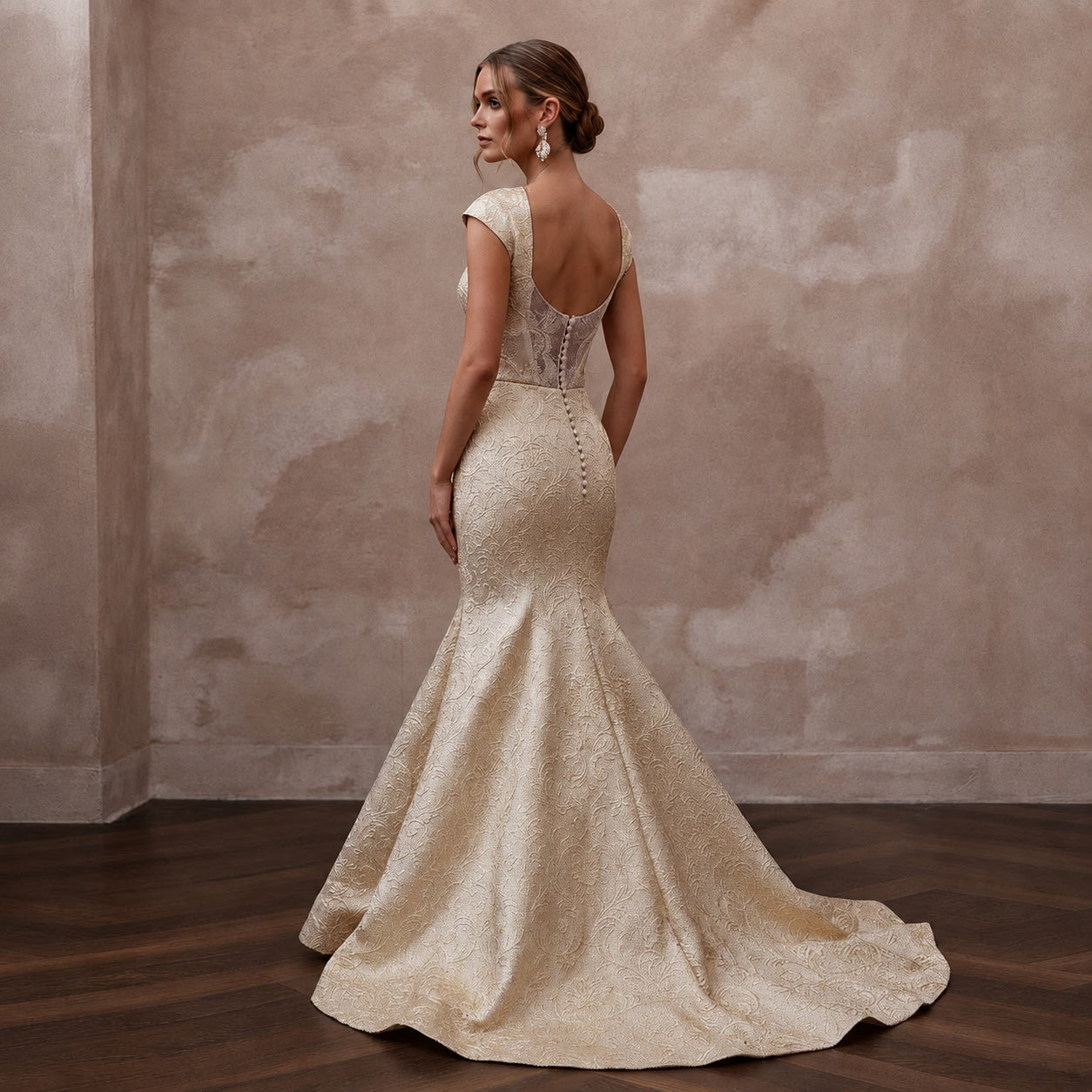 Baroque-Inspired Champagne Brocade Fit-and-Flare Bridal Gown for Rehearsal Secondary image