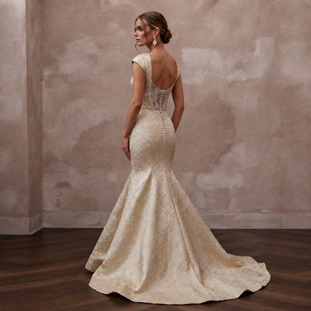 Baroque - Inspired Champagne Brocade Fit - and - Flare Bridal Gown for Rehearsal - Apparel & Accessories > Clothing > Wedding & Bridal Party Dresses > Wedding Dresses - Mignonette Bridal
