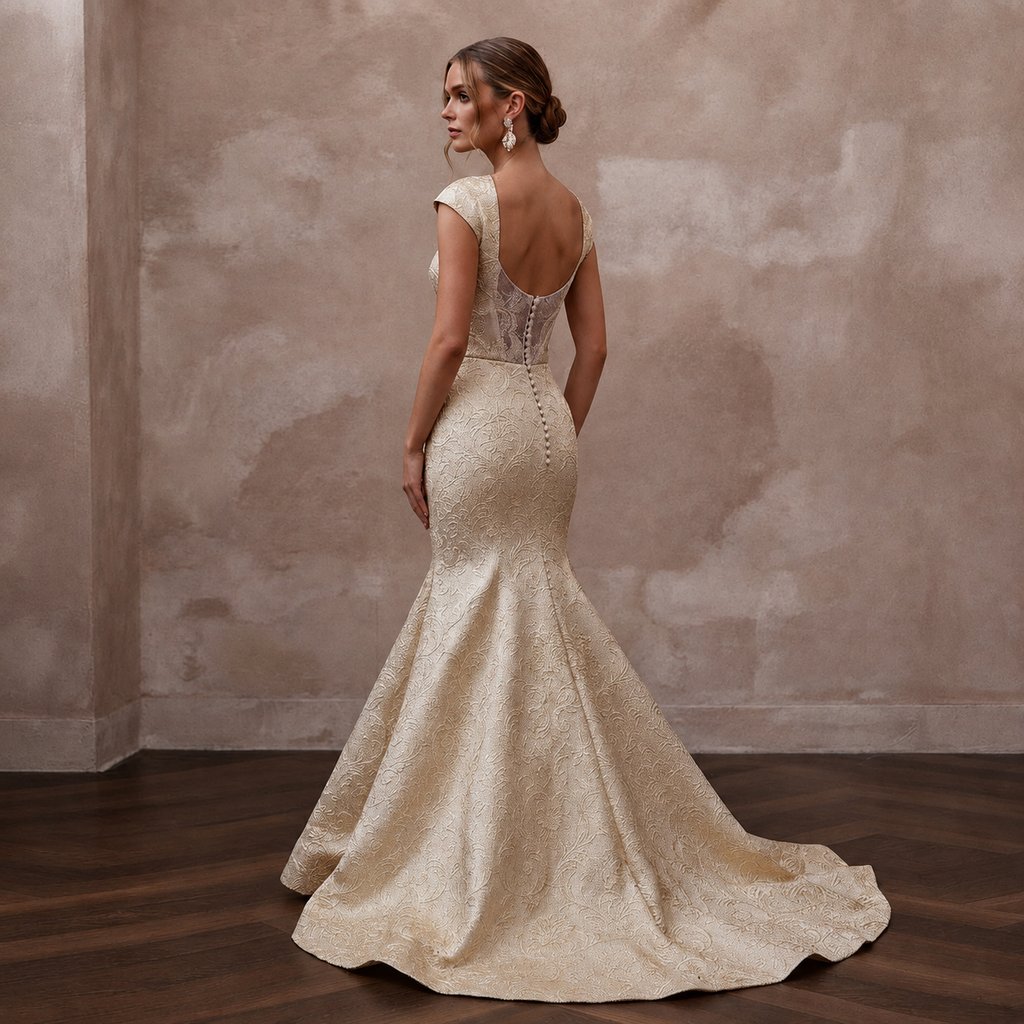 Baroque-Inspired Champagne Brocade Fit-and-Flare Bridal Gown for Rehearsal