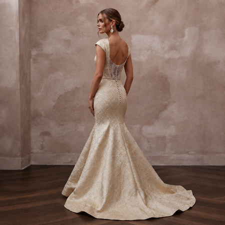 Baroque-Inspired Champagne Brocade Fit-and-Flare Bridal Gown for Rehearsal