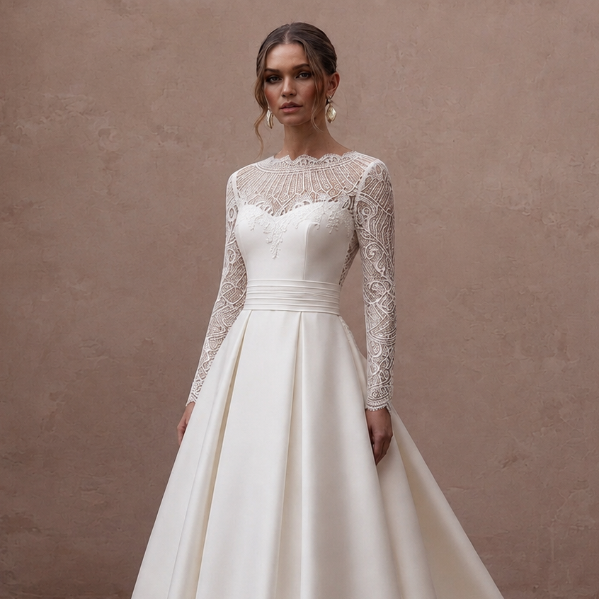 Bateau Neck Lace Wedding Dress for a Church Ceremony - Apparel & Accessories > Clothing > Wedding & Bridal Party Dresses > Wedding Dresses - Mignonette Bridal