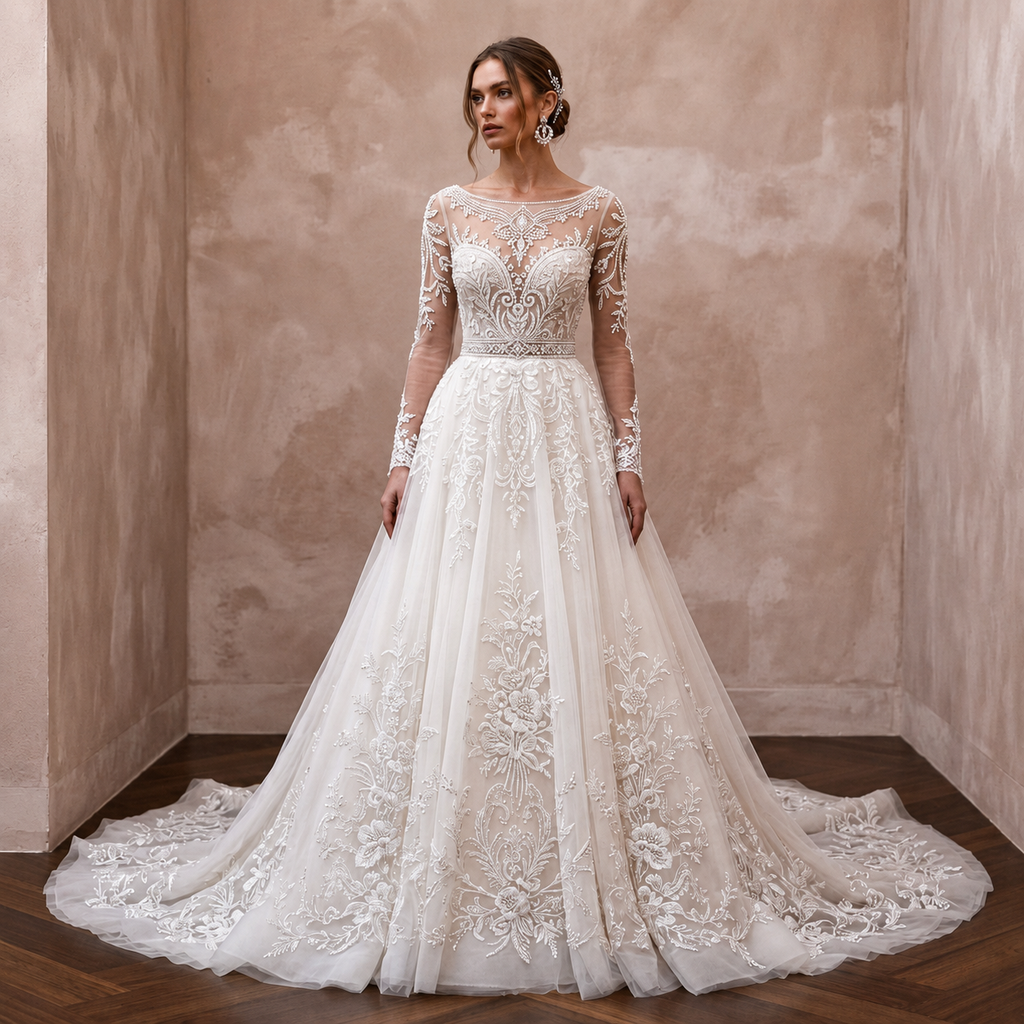Bateau Neck Tulle Wedding Dress for a Classic Ceremony - Apparel & Accessories > Clothing > Wedding & Bridal Party Dresses > Wedding Dresses - Mignonette Bridal