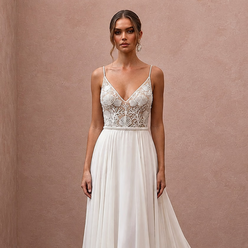 Beach Chiffon Wedding Dress with Spaghetti Straps and A-Line Silhouette