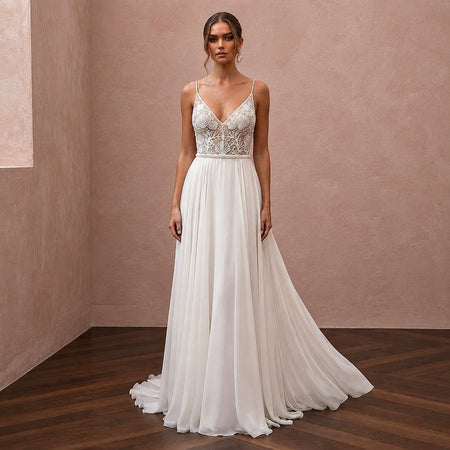 Beach Chiffon Wedding Dress with Spaghetti Straps and A-Line Silhouette