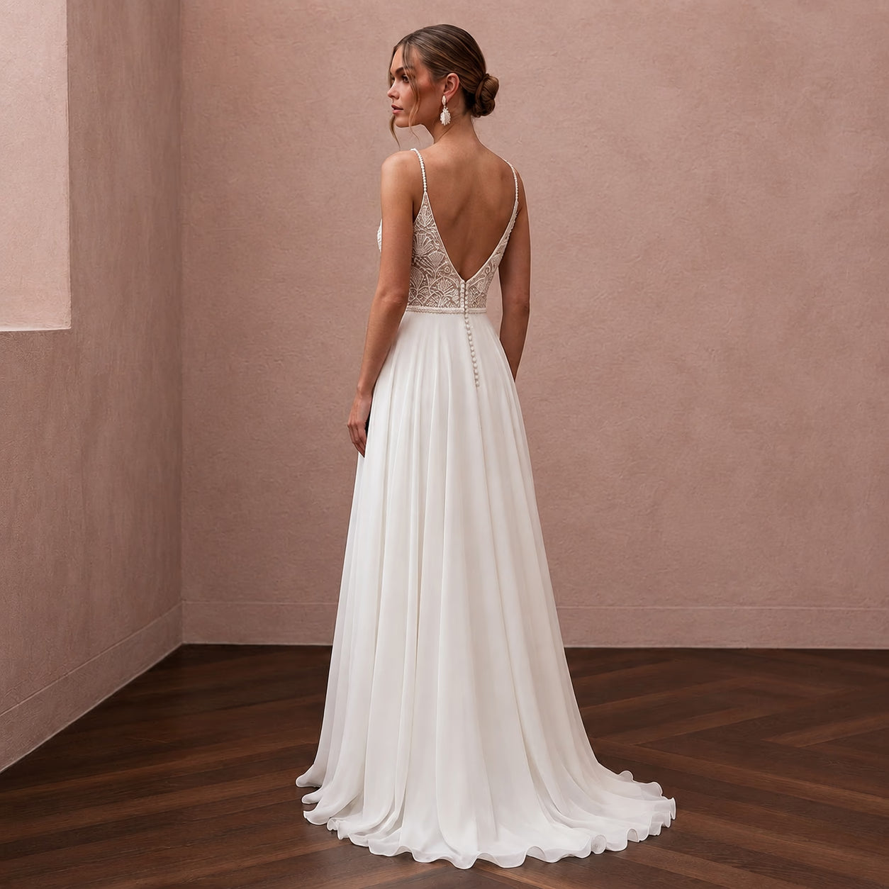 Beach Chiffon Wedding Dress with Spaghetti Straps and A-Line Silhouette